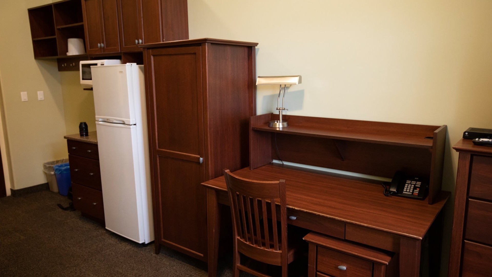 Governors Hall single suite with a desk, fridge and storage space.