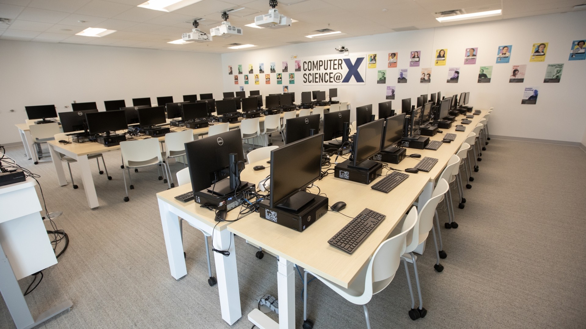 A computer science lab with desks and computers