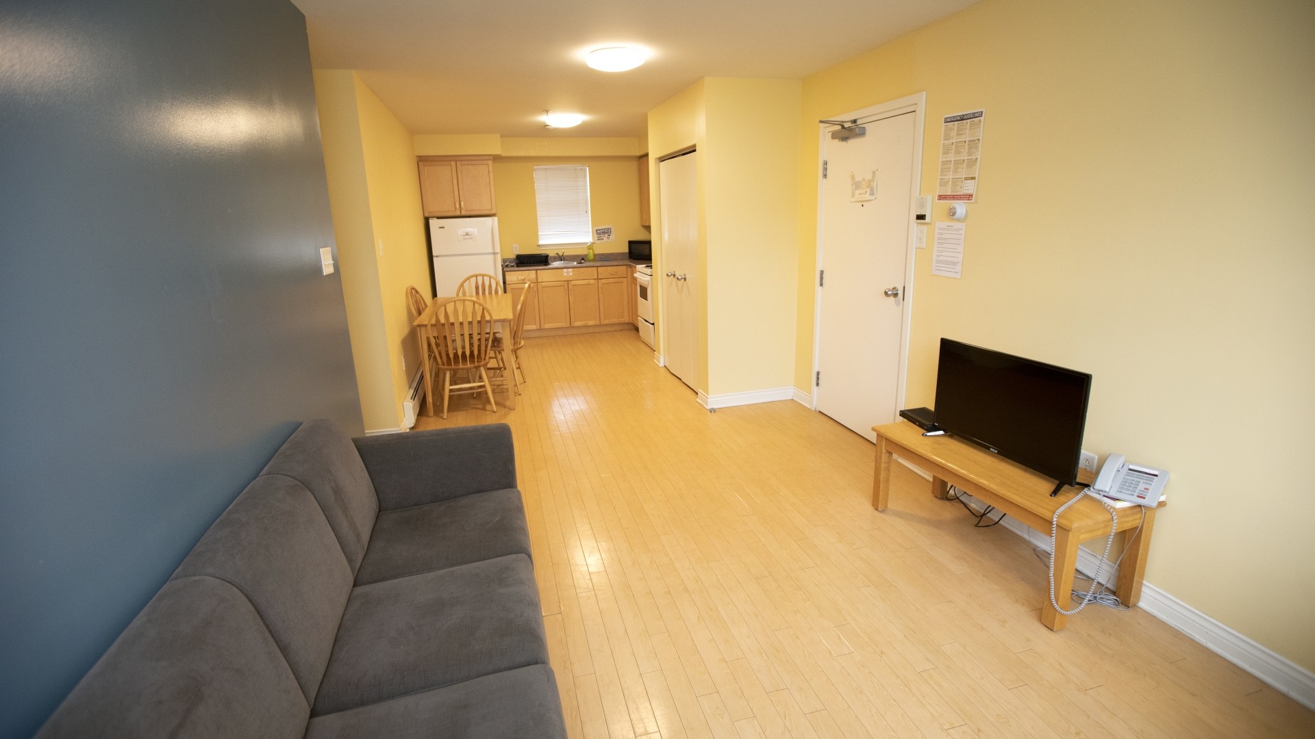 Apartment style room located in Power and Somers Hall. Includes a kitchen, dining table and living room.