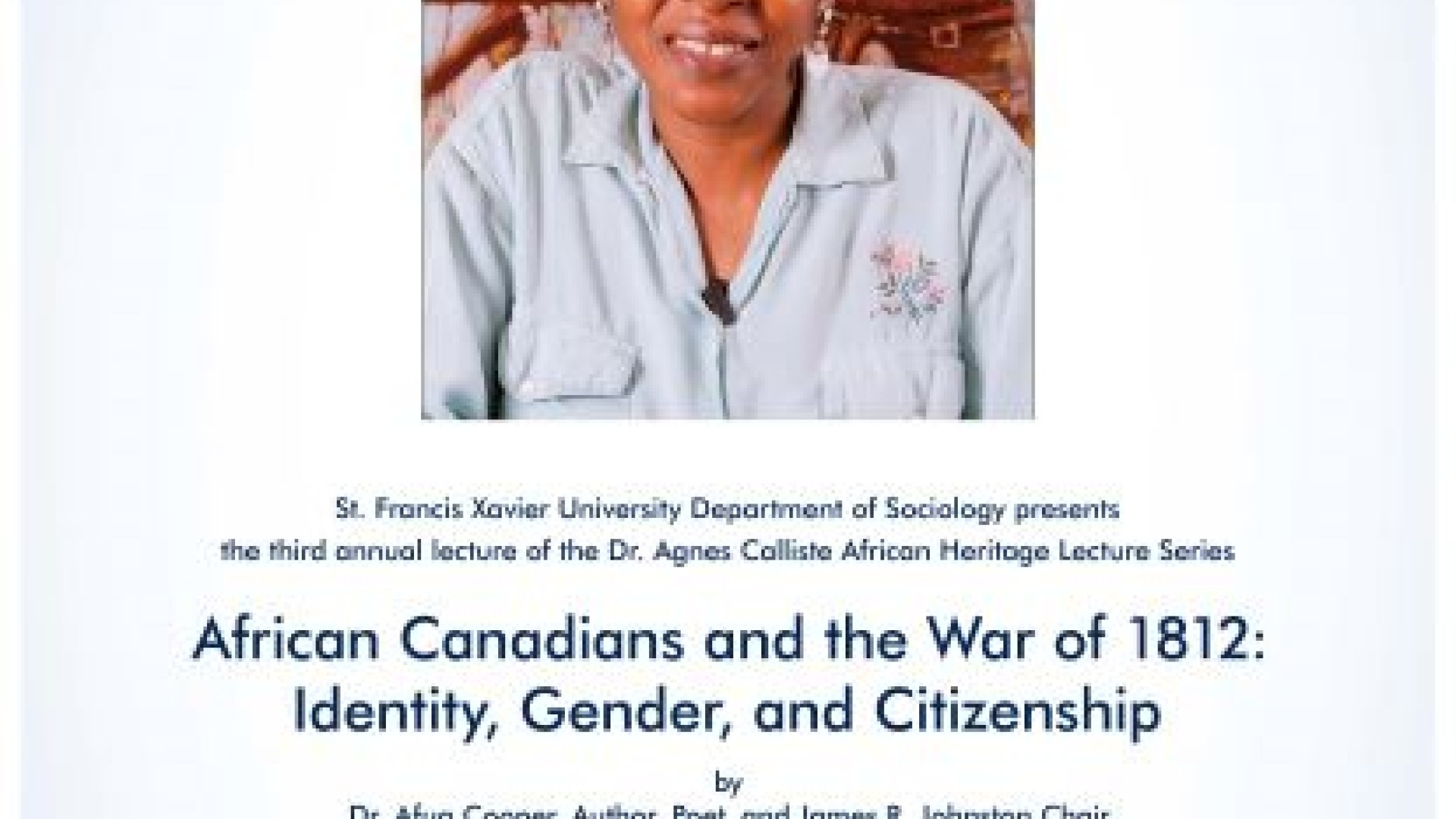 Poster: African Canadians and the War of 1812: Identify, Gender, and Citizenship featuring Dr. Afua Cooper