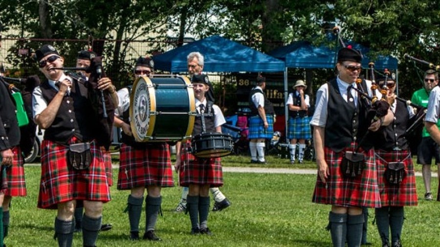 A pipe and drum band at the Antigonish Highland Games