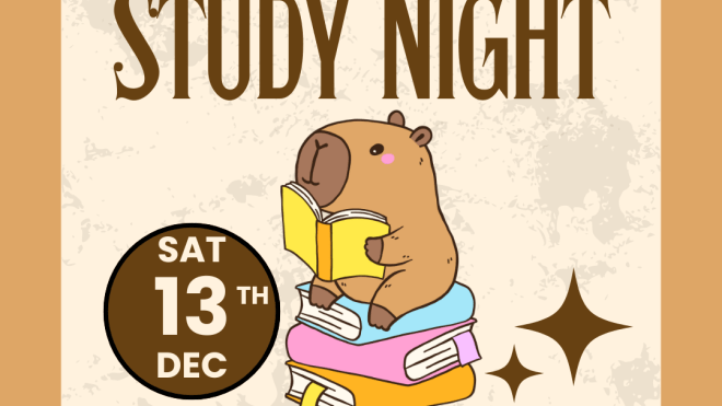 Beige background with orange border, cute animal reading a yellow book, sitting on a stack of books text inviting to December 13th Study Night at Bloomfield Hub