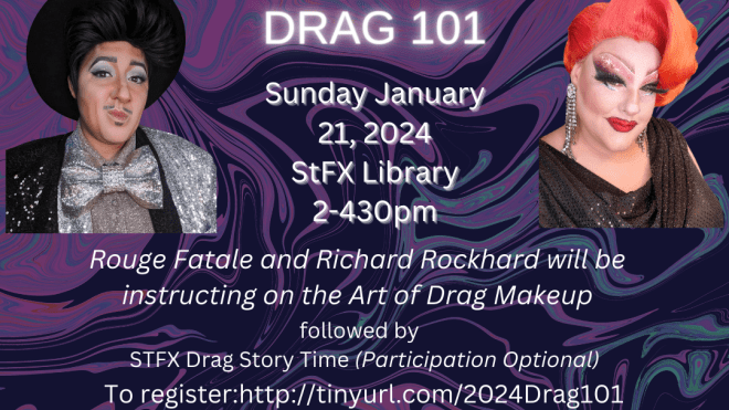 Promotional poster for Library and XPride event Drag 101:  Get Ready with me. 