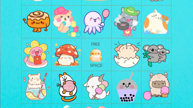 Aqua background with colourful Squishmallows arranged like a Bingo sheet