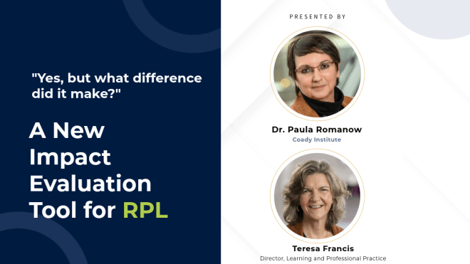 Lunch and Learn event graphic for 'A New Impact Evaluation Tool for RPL,' presented by Dr. Paula Romanow of Coady Institute and Teresa Francis of NS Career Development Association.