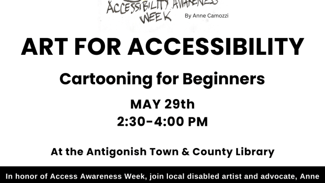 sketch of a man in a wheelchair beside the words "art for accessibility"