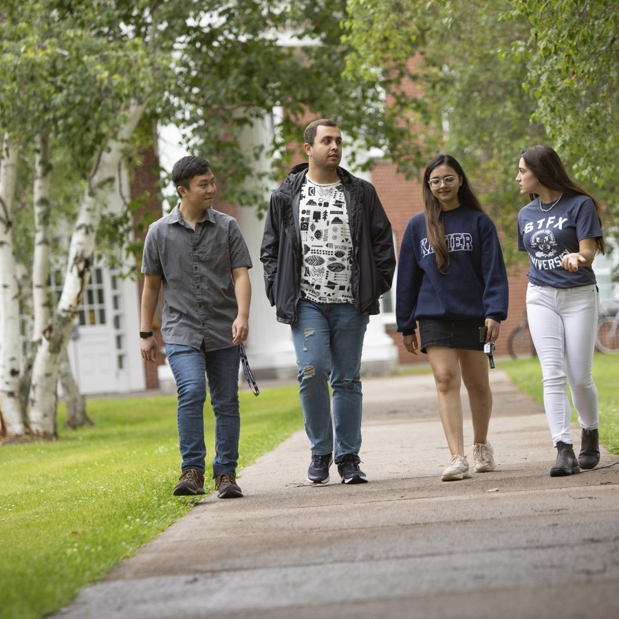 Students walking along a sidewalk on a sunny day with green grass and trees.