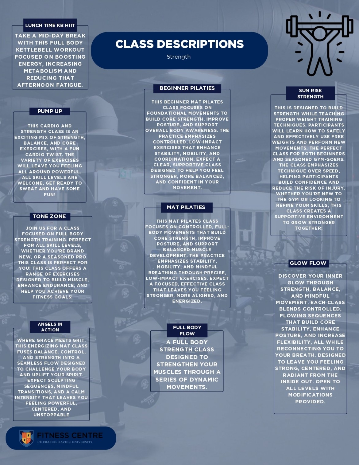 Class descriptions of group fitness strength and conditioning classes