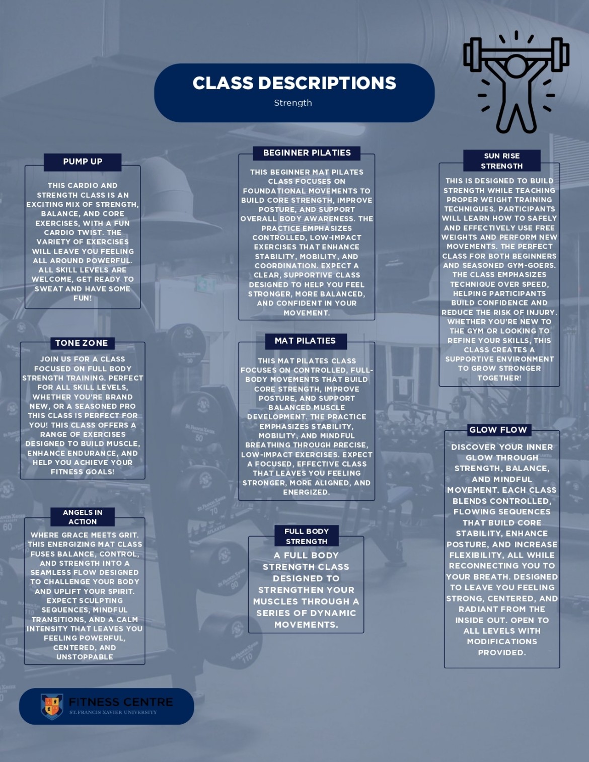 Class descriptions of group fitness strength and conditioning classes