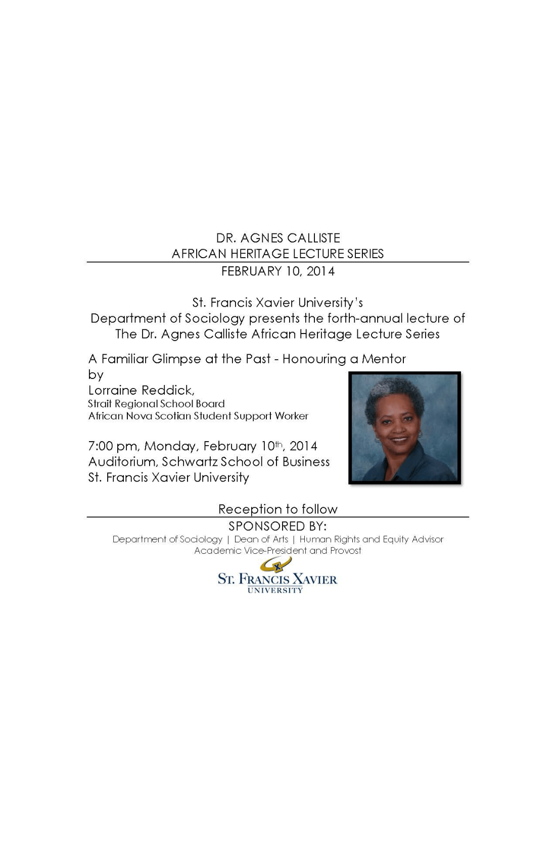 Dr. Agnes Calliste Lecture Series 2014 Poster - Lorraine Reddick