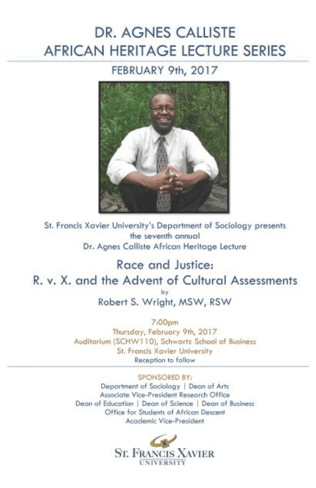 Dr. Agnes Calliste Lecture Series 2017 Poster - Robert Wright