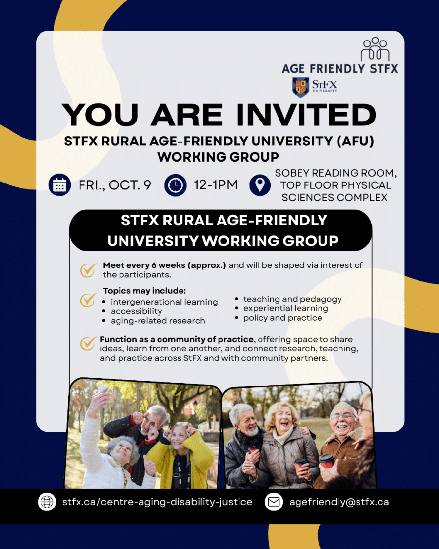 Invitation to the StFX Rural Age-Friendly University Working Group (below and attached). Two photos of older adults: one showing three people taking a selfie, and another showing three people laughing while holding coffee cups. Orange curved-line graphics, blue check marks on grey backgrounds, a globe icon, an email icon inside a red circle, and the StFX Age-Friendly logo. 