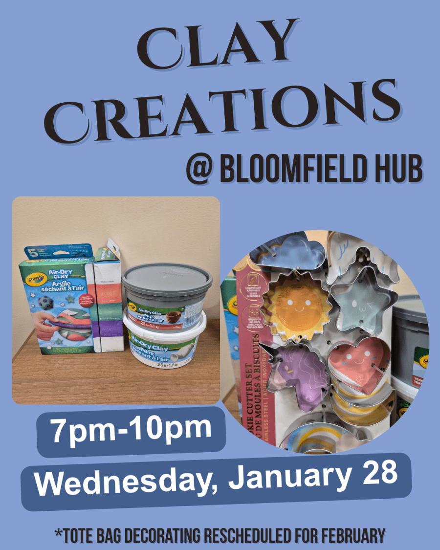 Blue background with text inviting viewer to Clay Creations at Bloomfield Hub Jan 28