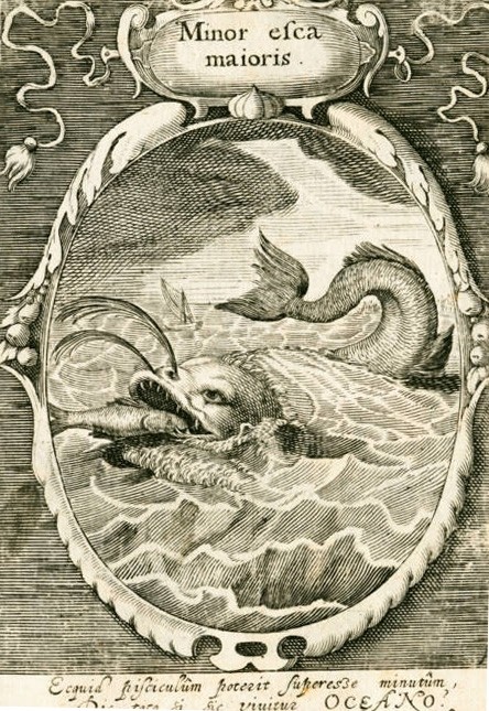 Image: "Minor Esca maiories" ["the big eat the small], a large fish eating a small fish
