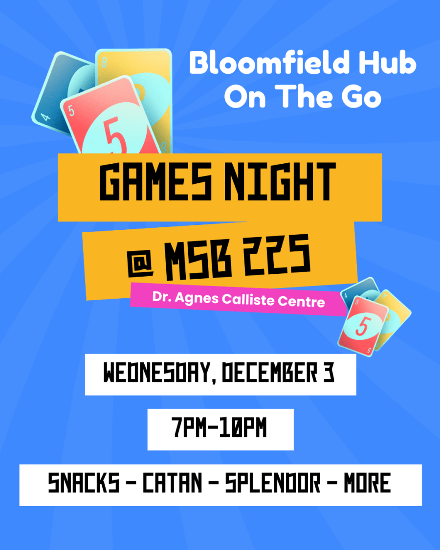 Blue background with yellow, white, and pink accents and text inviting reader to Games Night at Dr. Agnes Calliste Centre, MSB, Room 225 on Wednesday December 3 2025