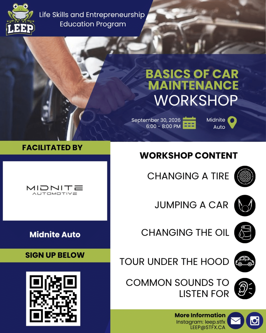 The image contains information regarding the Car Maintenace Workshop by LEEP STFX