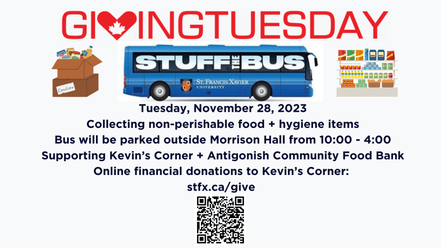 Poster explaining Giving Tuesday & Stuff the Bus event, bring non-perishable food donations and stuff the bus, Nov. 28