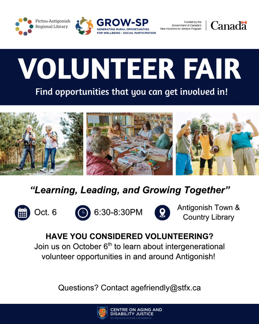 Image description: The poster displays an image of two older adults hiking, an image of a group of older adults doing a craft activity in a library, and an image of four older adults outside with a football.