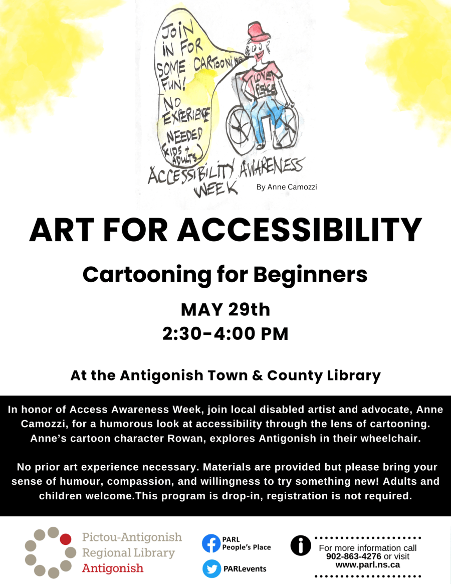sketch of a man in a wheelchair beside the words "art for accessibility"