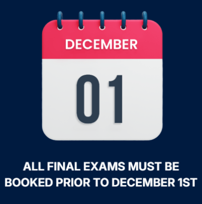 Calendar icon showing December 1 as last day to book final exams with TCAL