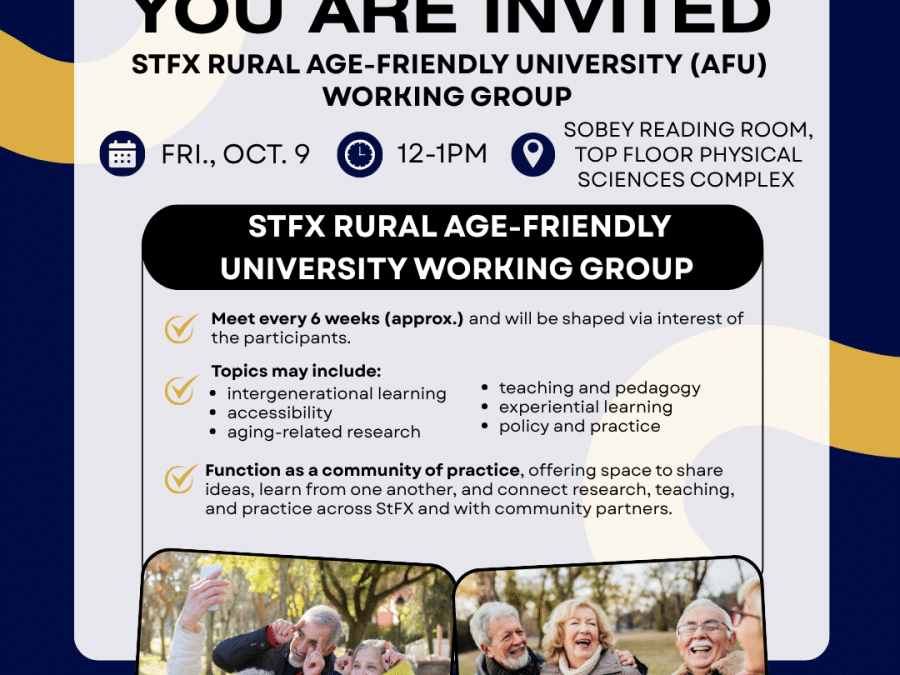 Invitation to the StFX Rural Age-Friendly University Working Group (below and attached). Two photos of older adults: one showing three people taking a selfie, and another showing three people laughing while holding coffee cups. Orange curved-line graphics, blue check marks on grey backgrounds, a globe icon, an email icon inside a red circle, and the StFX Age-Friendly logo. 