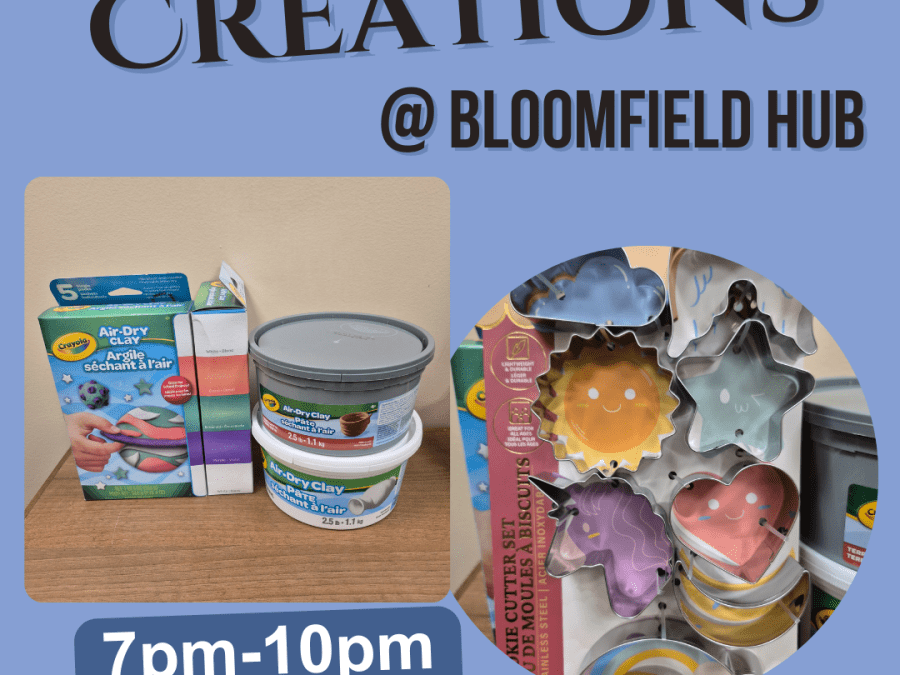 Blue background with text inviting viewer to Clay Creations at Bloomfield Hub Jan 28