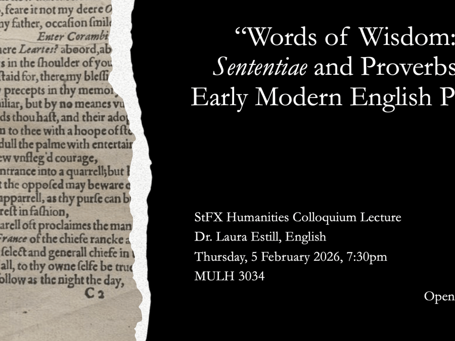 Humanities Colloquium poster with details of talk (on website) showing a speech by Corambis (Polonius) from Q1 Hamlet with commonplace markers in print and manuscript down the side