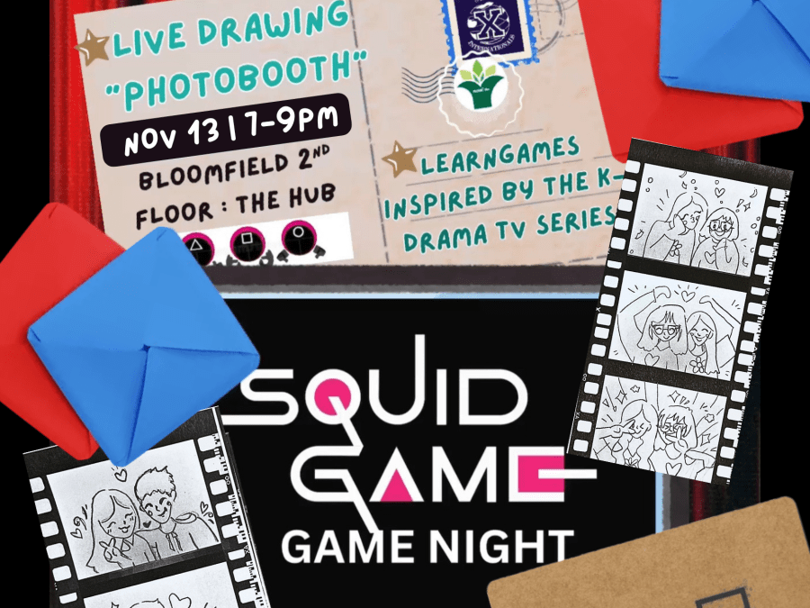 Poster with black background advertising Squid Game Night and Photobooth